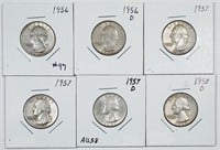 Group of 6  Washington Quarters  1956 - 1958-D