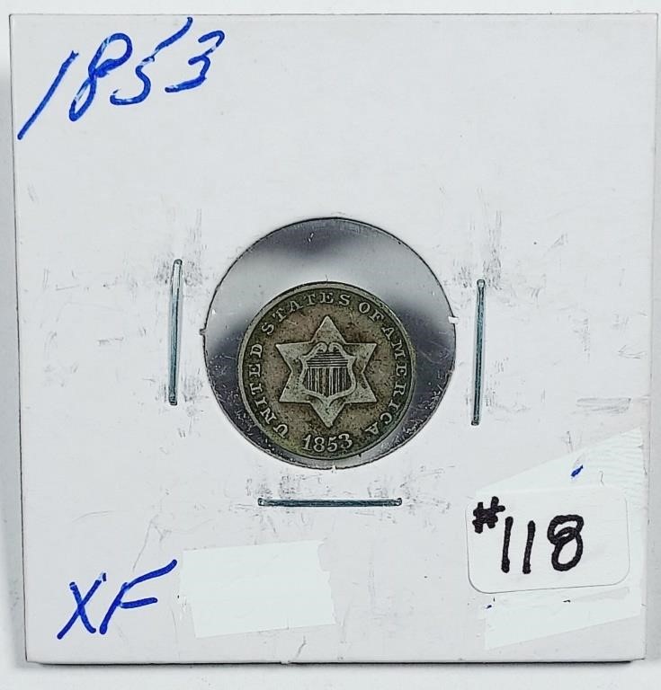 1853  Three Cent Silver   XF