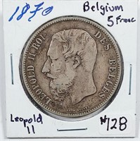 1870  Belgium 5 Francs Leopold II 25 gr .90 silver