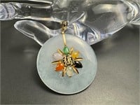 14k gold jade disk pendant with multicolored gemst