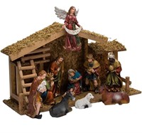 Kurt Adler 12-Piece Wooden Stable Nativity Set,