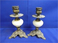 Pair Of Brass & Marble Candlesticks