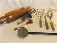 8 Vintage kitchen utensils--red Green wood Handles