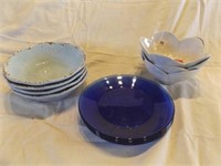 7 Melmac bowls, 3 blue glass plates