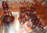 Bohemian Ruby Cut to Clear 8pc liquor set wit