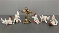 6 angel figures including 5 Capodimonte, 1 bronze