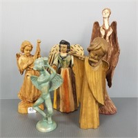 5 angel figures including 4 carved wooden and 1