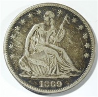 1869 LIBERTY SEATED HALF DOLLAR  VF+