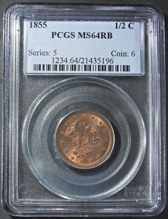 1855 BRAIDED HAIR HALF CENT PCGS MS-64RB