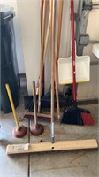 3 Brooms with dust pan, 3 Rakes, Snow Shovel, and