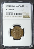 1864 LARGE MOTTO 2-CENT NGC MS-65 BN