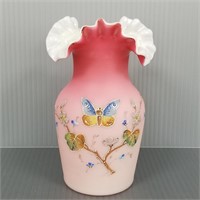Antique enamel decorated art glass vase w/