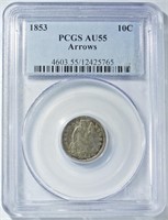 1853 ARROWS SEATED DIME PCGS AU-55