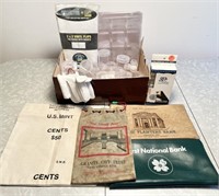 Coin collecting supplies & old bank bags