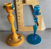 2 art glass candlesticks