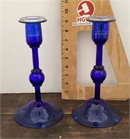 Pair of cobalt blue glass candlesticks