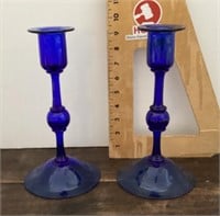 Pair of cobalt blue glass candlesticks