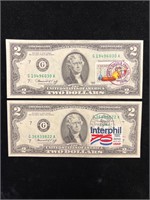 Two $2 Federal Reserve Notes FDOI With Stamps