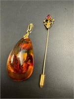 14k gold large amber pendant and 10k vintage stick
