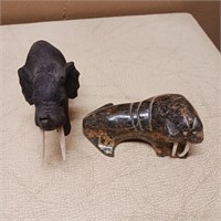 Stone Carved Walrus & Wood Elephant
