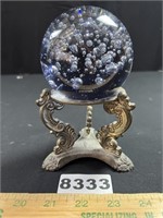 Blue Controlled Bubble Paperweight On Stand