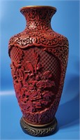 15" Tall Extensively Carved Cinnabar & Brass Vase