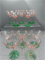 Green uranium and pink glass champagne glasses