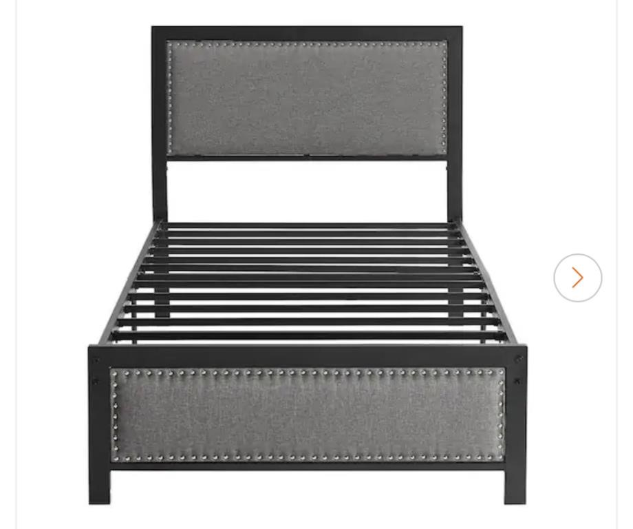 METAL TWIN GRAY BED FRAME WITH LINEN UPHOLSTERED