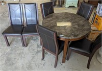 ROUND WOOD FRAME DINING TABLE W/ MARBLE TYPE TOP