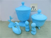 (6) Fenton Blue Satin Glass Pieces - Swan, Owl,