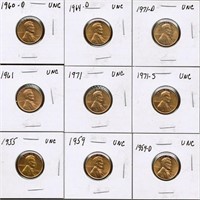 (9) Lincoln Pennies, Uncirculated, Vars. Yrs/Mints