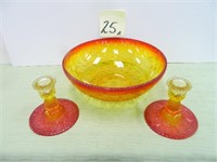 Amberina Sandwich Glass Bowl & Candlestick Holders