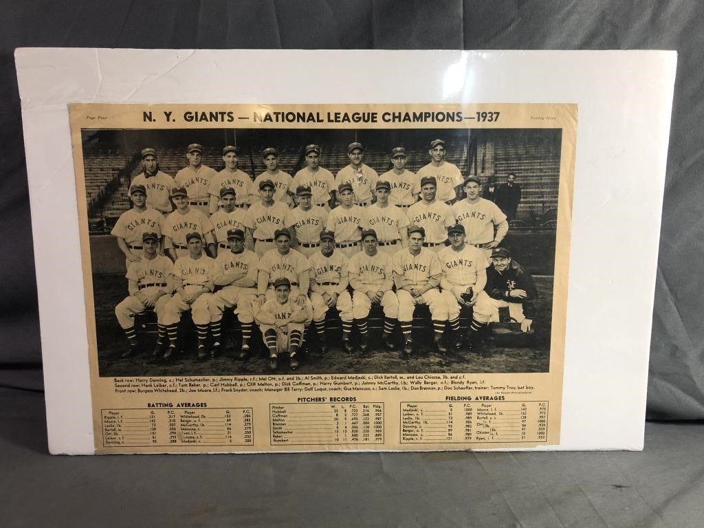 1937 Newspaper Clipping Of N.Y Giants With Names,