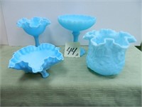 (4) Fenton Blue Satin Glass Pieces -