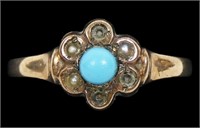8K Rose gold antique blue stone ring, seed pearls