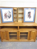 Oak TV Stand, (2) Needlepoint Indian Pictures &