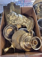 TRAY OF ASSORTED BRASS, CANDLE HOLDER, MISC