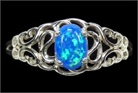 Sterling silver lab blue opal ring with filigree