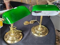 VTG Brass & Green Glass Shade Banker Lamps