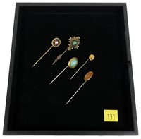 Lot, vintage stick pins, one with diamond, 5 pcs.