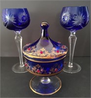 Vintage Cobalt Blue & Gold Candy Dish &