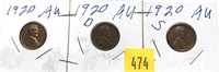 1920-P,D,S Lincoln cents,  high grade