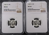 1947-D & 1949-S ROOSEVELT DIMES NGC MS66