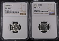 1954-S & 1963-D ROOSEVELT DIMES NGC MS66 FT