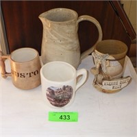 STONEWARE MUGS & HANDMADE PITCHER (SIGNED)