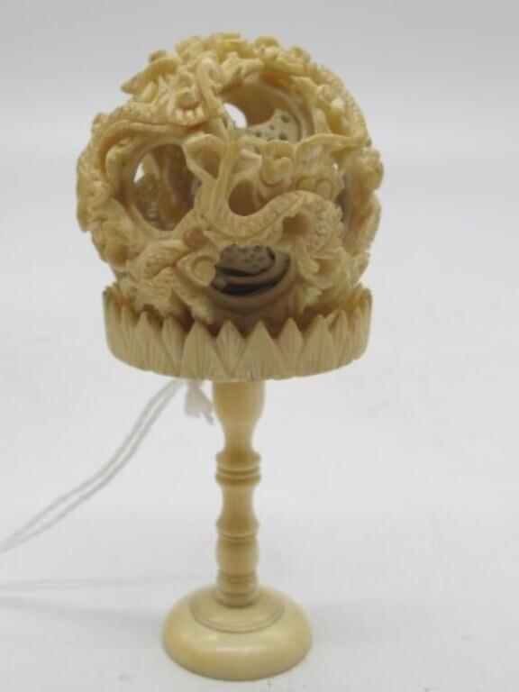 19TH CENTURY CHINESE IVORY PUZZLE BALL ON STAND