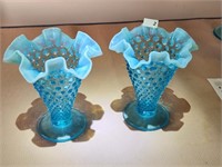 Fenton Blue Opalescent Fluted Hobnail Vase (2)