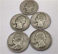 5 Silver Washington Quarters