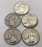 5 Silver Washington Quarters