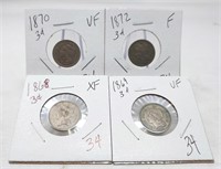 4 Different Three Cent Nickels F-XF